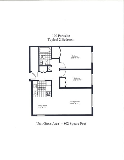 Floor plan for 2 beds, 1 bath, 802 sqft